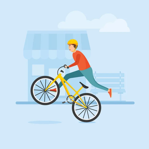 Young guy rides a bike and performs complex stunts. — Stock Vector