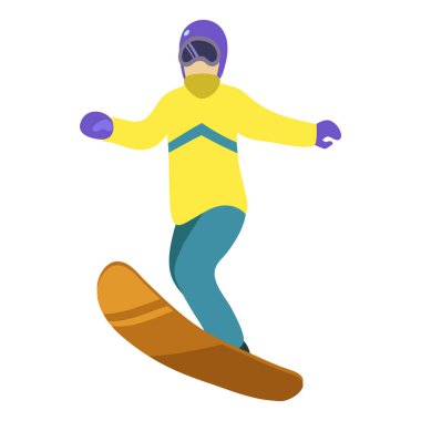 Genç adam şık parlak giysiler içinde bir snowboard binme.