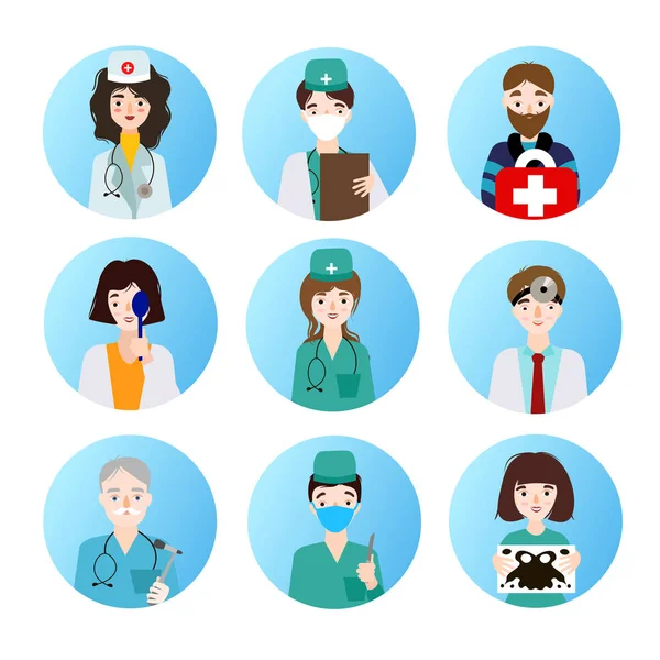 Σύνολο των ιατρικών εικόνων που απεικονίζουν διάφορα επαγγέλματα των ιατρών. — Διανυσματικό Αρχείο