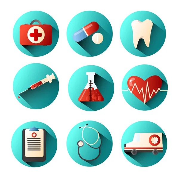 Conjunto de ícones médicos com diferentes elementos de uma seringa, ambulância, pílulas e muito mais . —  Vetores de Stock