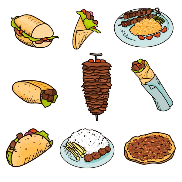 A legnépszerűbb utcai kebab élelmiszer csomagolva pita kenyér, zöldséges mártással. — Stock Vector