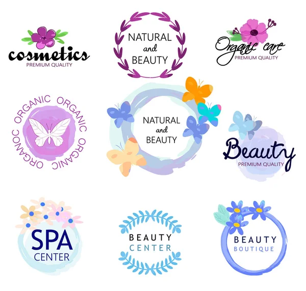 Logos de salud natural y belleza. Spa, centro de belleza, cosméticos de primera calidad, productos naturales . — Archivo Imágenes Vectoriales