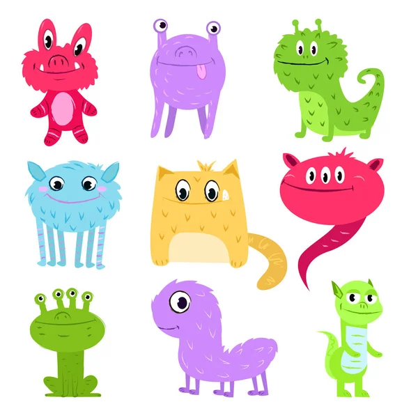 Conjunto de dibujos animados multicolores lindos monstruos no similares entre sí. Bebé animales . — Vector de stock