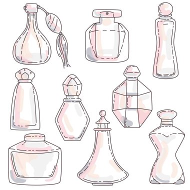 Farklı renkler farklı şekillerle şişe parfüm set.