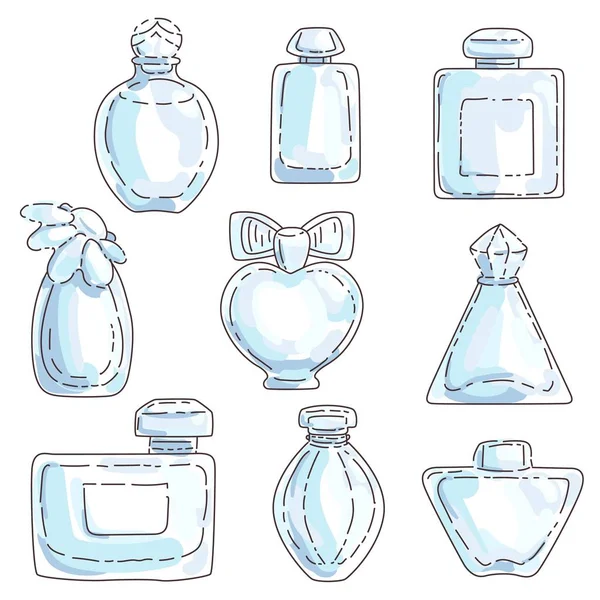 Set de perfume en frascos de diferentes formas con diferentes colores . — Archivo Imágenes Vectoriales
