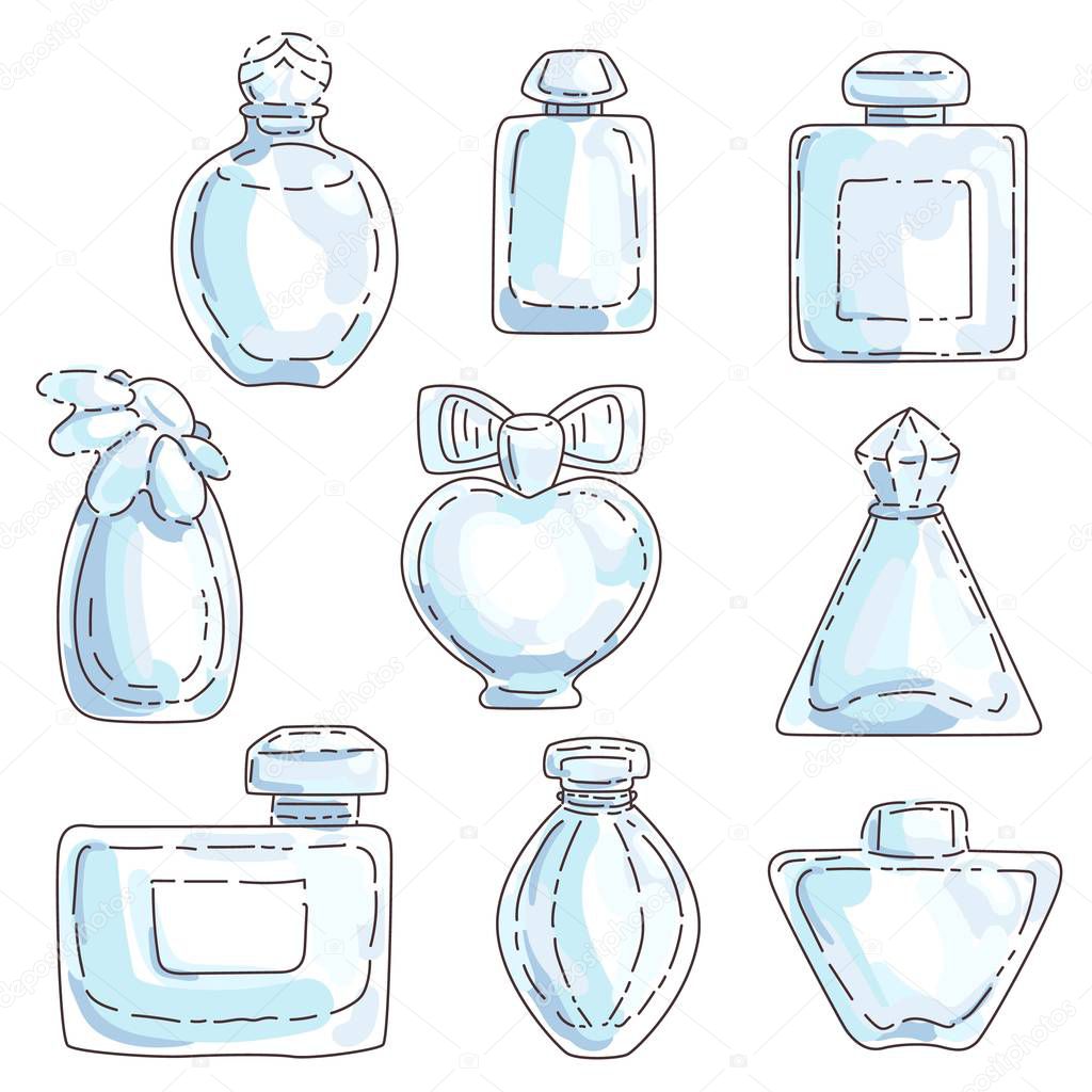 Set of perfume in bottles of different shapes with different colors.