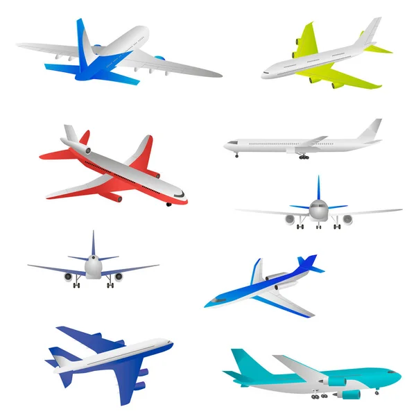 Flying airplanes, jet planes, airliners of different models, a detailed overview from different angles. — Stock Vector