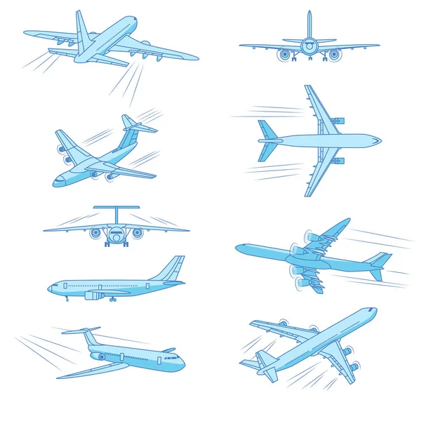 Repülő repülőgépek, sugárhajtású repülőgépek, repülőgépek, a különböző modellek különböző szögekből egy részletes áttekintés. — Stock Vector