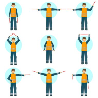Set of illustrations of a special worker in reflective clothing showing signals for the aircraft. clipart