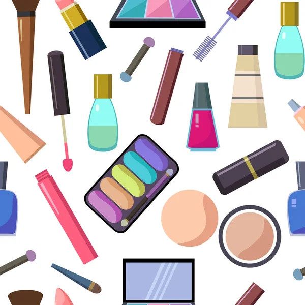 Groot aantal verschillende cosmetische toebehoren nagellak, mascara voor de ogen, een zak spiegel, oogschaduw, lippenstift en anderen. — Stockvector