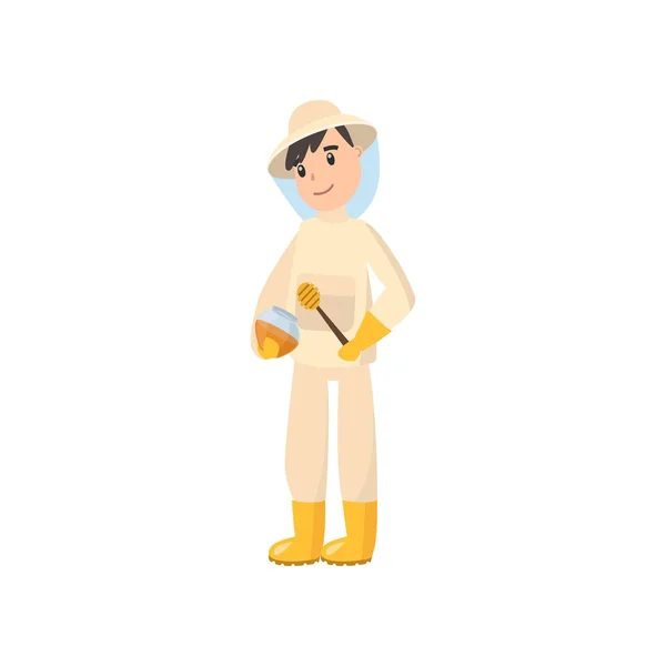 Beekeeper collects honey from bees. Beekeeper in a bee protection suit with a jar of honey. — Stock Vector