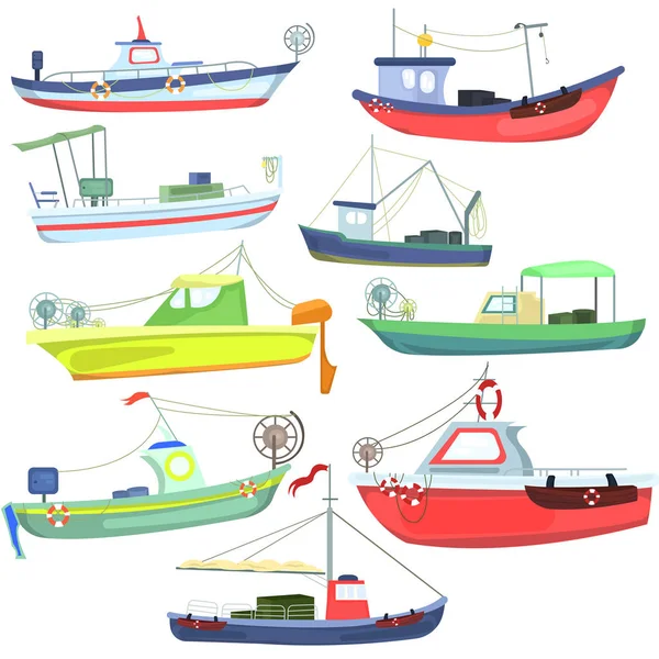 Barcos y embarcaciones de pesca marítima. Barcos de mar para la pesca de mariscos . — Archivo Imágenes Vectoriales