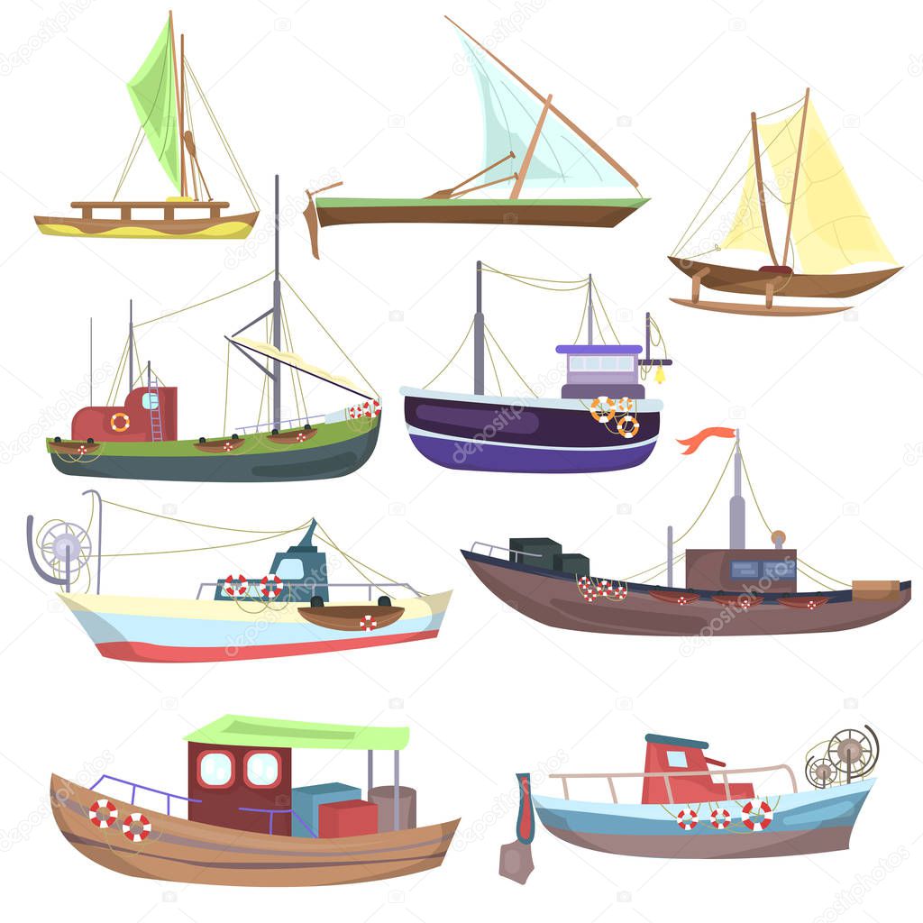 Sea fishing vessels and boats. Sea ships for fishing seafood.