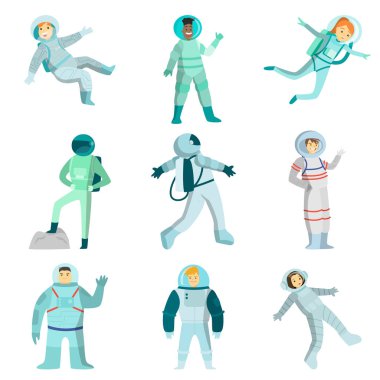 Sıfır yerçekimi dans ve diğer gezegenlerin fetih kadın ve erkek astronotlar kümesi. Çizim şekil.