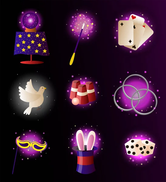 Великий набір магічних предметів, чарівні карти, кролик у капелюсі, чарівна паличка, чарівний м'яч і кубики . — стоковий вектор