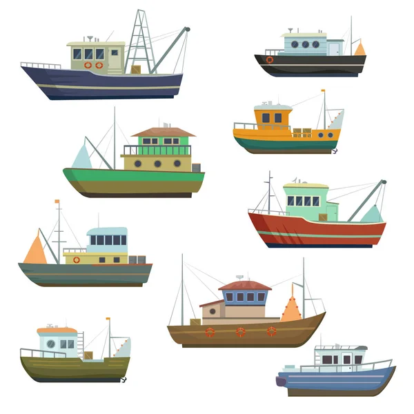 Barcos y embarcaciones de pesca marítima. Barcos de mar para la pesca de mariscos . — Vector de stock