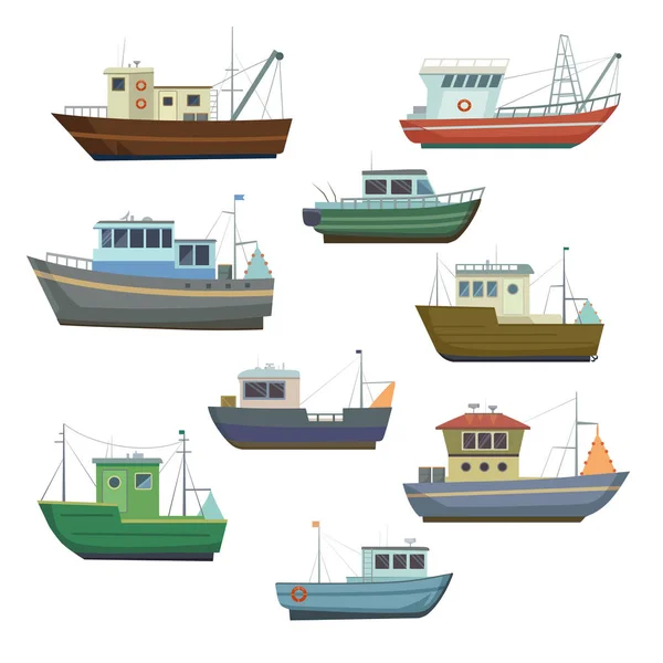 Navios e barcos de pesca marítima. Navios de pesca de frutos do mar . — Vetor de Stock