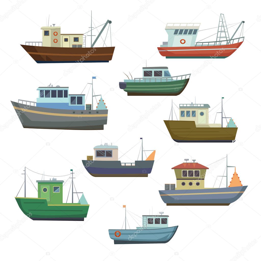 Sea fishing vessels and boats. Sea ships for fishing seafood.