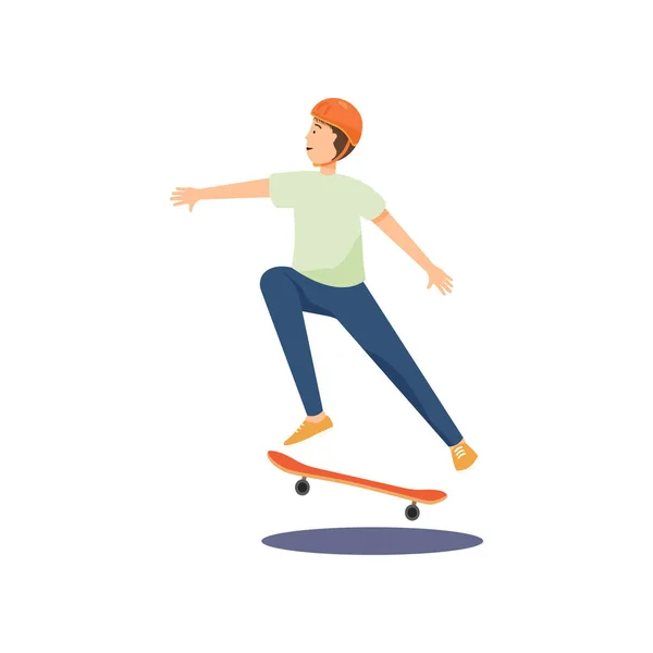 Giovane ragazzo in un casco cavalca uno skateboard ed esegue varie acrobazie difficili . — Vettoriale Stock