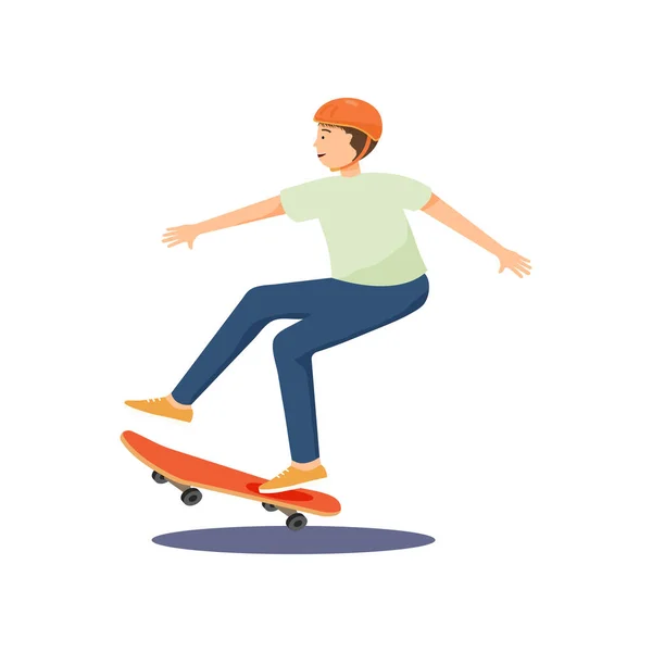 Junger Mann mit Helm fährt Skateboard und führt verschiedene schwierige Stunts aus. — Stockvektor