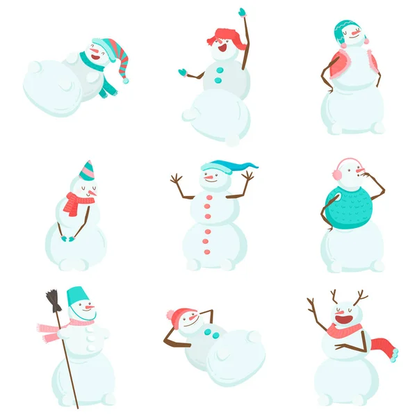Conjunto de muñecos de nieve divertidos y divertidos. Muñecos de nieve divertidos en diferentes trajes e imágenes. El muñeco de nieve es el rey, el muñeco de nieve patina, el muñeco de nieve está en una falda y con una escoba . — Vector de stock