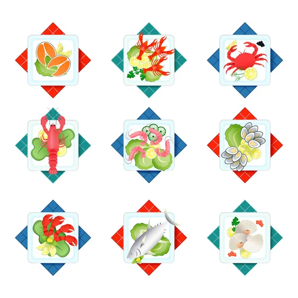 Fresh healthy dinner of sea animals. Delicious dishes of shrimp, fish, baby, crabs, oysters and others. — Stock Vector