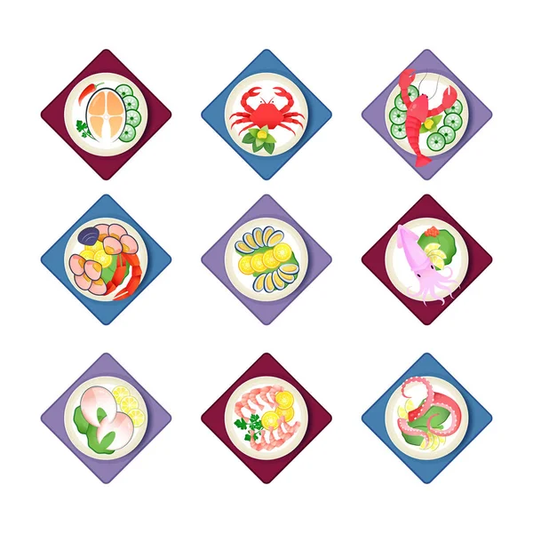 Cena Fresca Saludable Animales Marinos Deliciosos Platos Camarones Pescado Bebé — Vector de stock