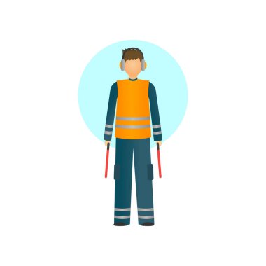 Special worker in reflective clothing showing signals for the aircraft. clipart