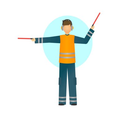 Special worker in reflective clothing showing signals for the aircraft. clipart