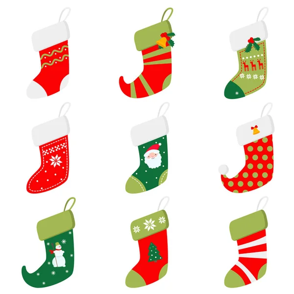 Set of different beautiful colored socks prepared for receiving gifts for the new year — Stock Vector