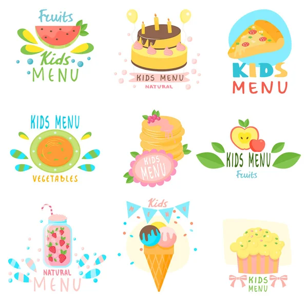 Set of stickers of natural children s menu with colorful images of natural fruits, sweets, ice cream, children s delicious drinks. — Stock Vector