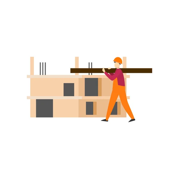 Constructores en ropa de trabajo y cascos protectores construyen casas, erigen paredes y techos . — Vector de stock
