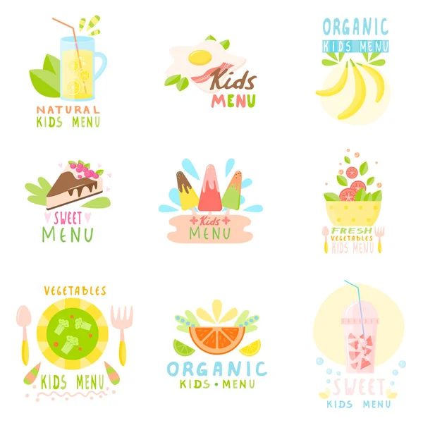 Set de pegatinas de menú infantil natural con coloridas imágenes de frutas naturales, dulces, helados, deliciosas bebidas infantiles . — Archivo Imágenes Vectoriales