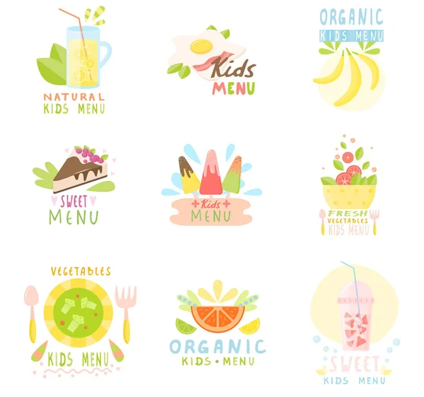 Aantal stickers van natuurlijke Kindermenu s met kleurrijke beelden van natuurlijke fruit, snoep, ijs, kinderen s heerlijke drankjes. — Stockvector