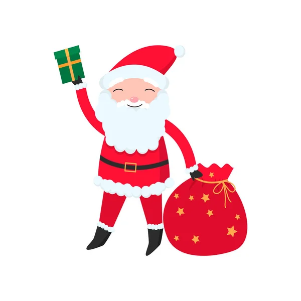 Heller und fröhlicher Weihnachtsmann im roten Anzug mit einer Tüte in der Hand. — Stockvektor