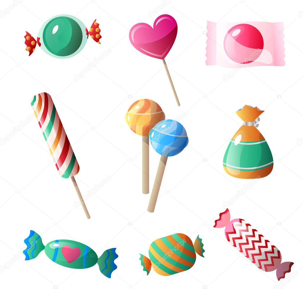 Set of sweet, delicious chocolates in a multi-colored wrapper and different shapes.