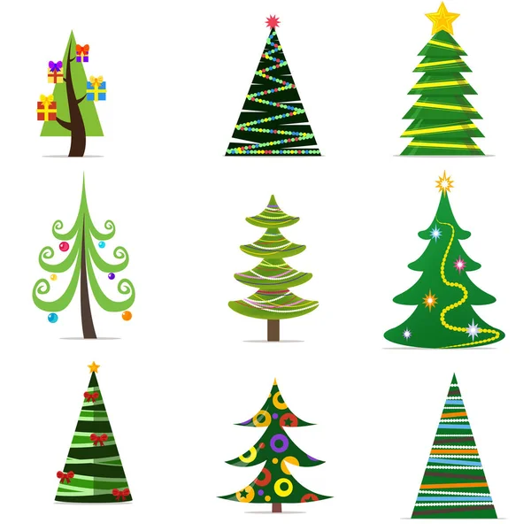 O símbolo do ano novo é uma grande árvore de Natal verde com uma grande estrela em seu topo vestida com várias belas decorações com caixas de presentes nas proximidades . — Vetor de Stock