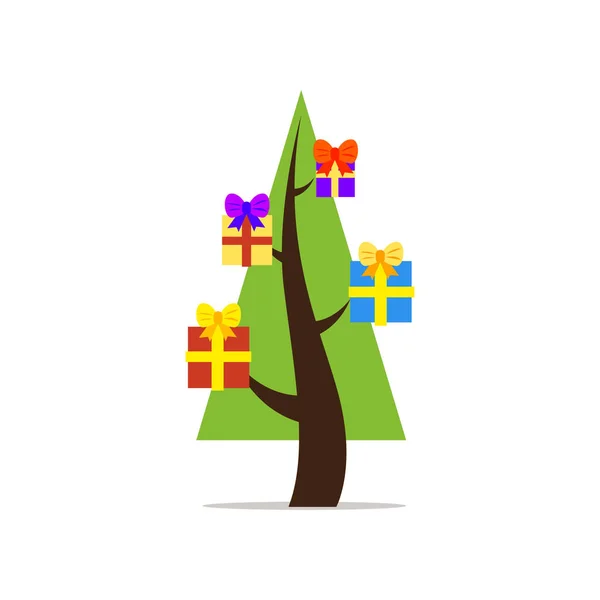 Het symbool van het nieuwe jaar, een mooie, kleurrijke, fucking groene kerstboom versierd met leuke kerstdecoraties van verschillende vormen en kleuren. — Stockvector