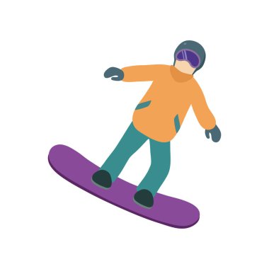 Genç adam şık parlak giysiler içinde bir snowboard binme.