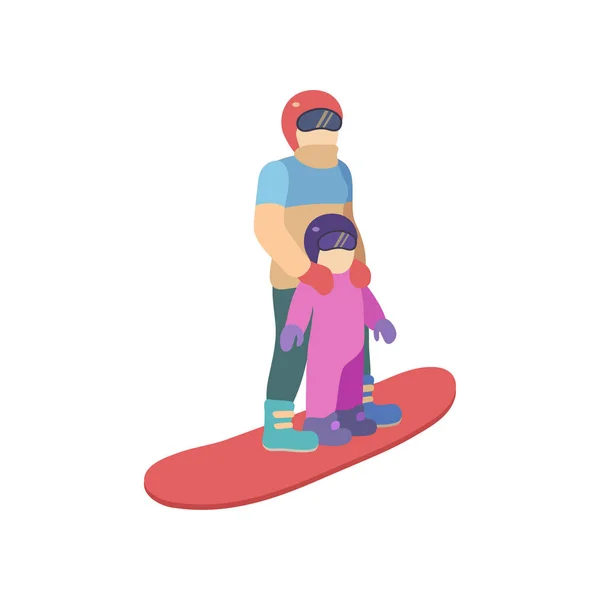 Kinder mit Mutter fahren Snowboard in stylischer, heller Kleidung. — Stockvektor