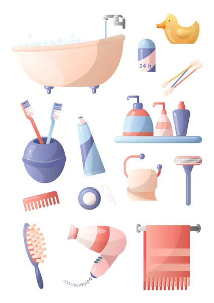 Set van verschillende accessoires in de badkamer die mensen gebruiken in het dagelijks leven, tandenborstels, tandpasta, haardroger, haarborstel, spiegel, schaar, vantos, zeep en meer. — Stockvector