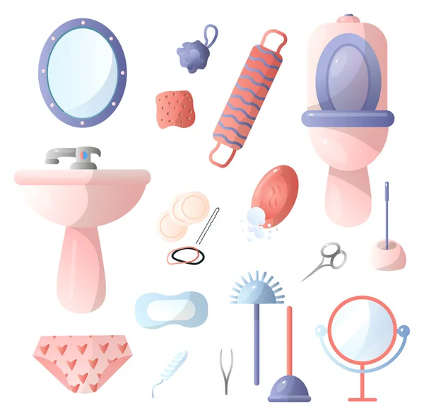 Conjunto de diferentes accesorios en el baño que la gente usa en la vida cotidiana, cepillos de dientes, pasta de dientes, secador de pelo, cepillo de pelo, espejo, tijeras, vantos, jabón y más . — Archivo Imágenes Vectoriales