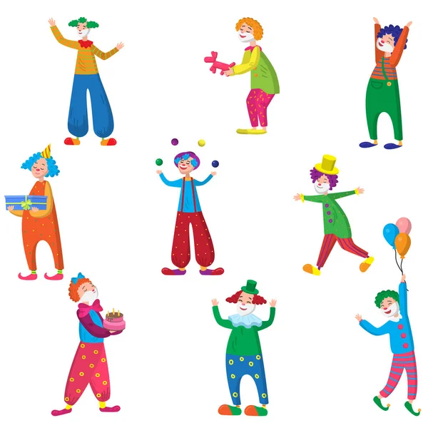Uppsättning roliga karaktärer clowner i vackra färgade kläder med olika tillbehör för cirkusen. Clowner att ha roligt, skratta och göra olika galna saker. — Stock vektor