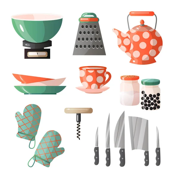 Комплект кухонных принадлежностей, кухонной утвари и кухонной техники. Посуда чашки, чайники, терки, ножи, ложки, кастрюли, сковородки и другие . — стоковый вектор