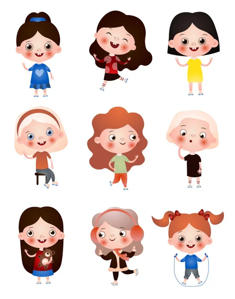 Divertidos niños divertidos con diferentes peinados y color de pelo. Los niños pasan su tiempo libre divirtiéndose y jugando . — Vector de stock