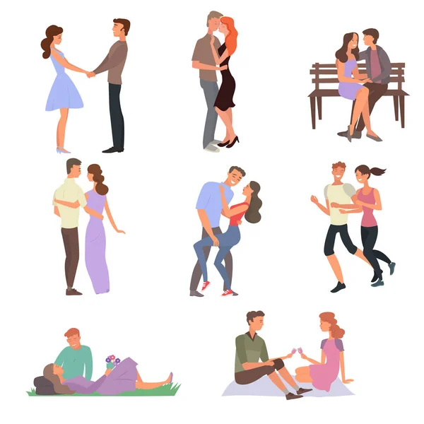 The guy and the girl in love walk each other, go on dates, hug, kiss, drink wine and walk. Beautiful young people. Young couple in love. — Stock Vector