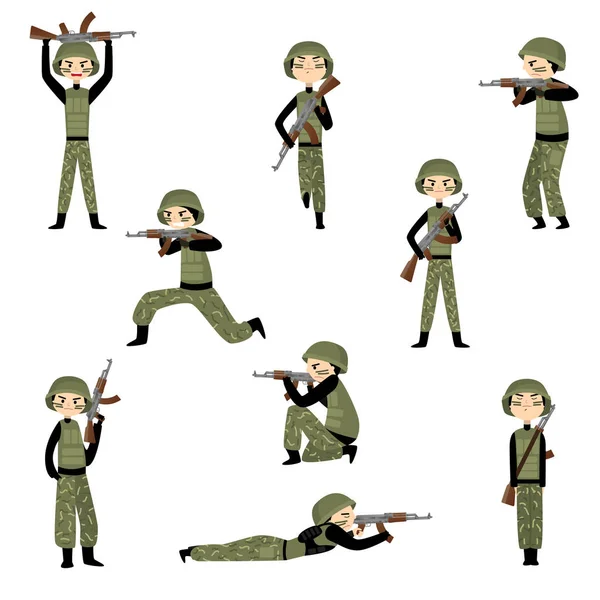 Kamuflaj üniformalı askerler silahları ile farklı numaraları çalışmak için hazırlık mücadele için eğitilmiştir. — Stok Vektör