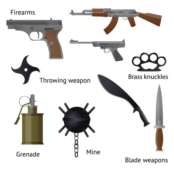 Set di armi militari e fucili in forma assemblata, fucili, mitragliatrici, pistole, granito e altri . — Vettoriale Stock