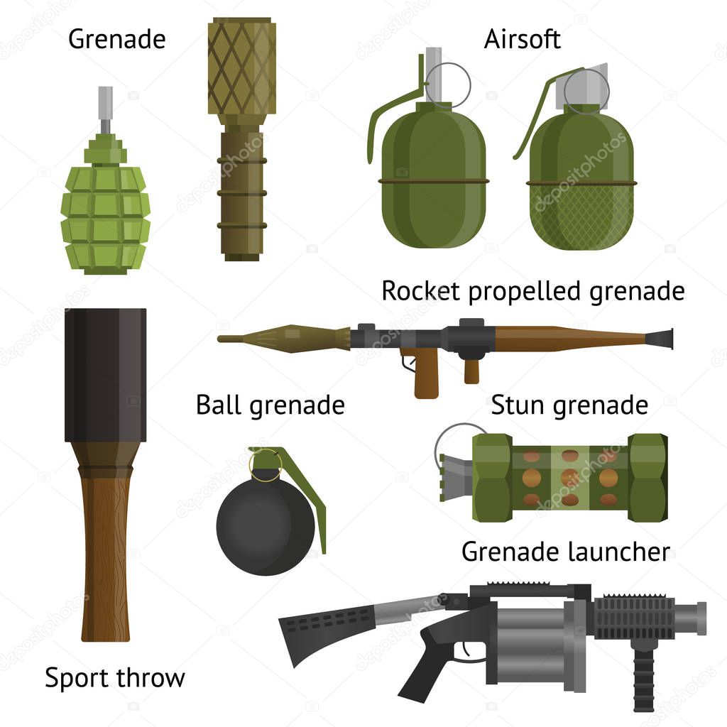 Set of military weapons and shotgun in the assembled form, rifles, machine guns, pistols, granyty and others. Vector illustration of different food products on white.