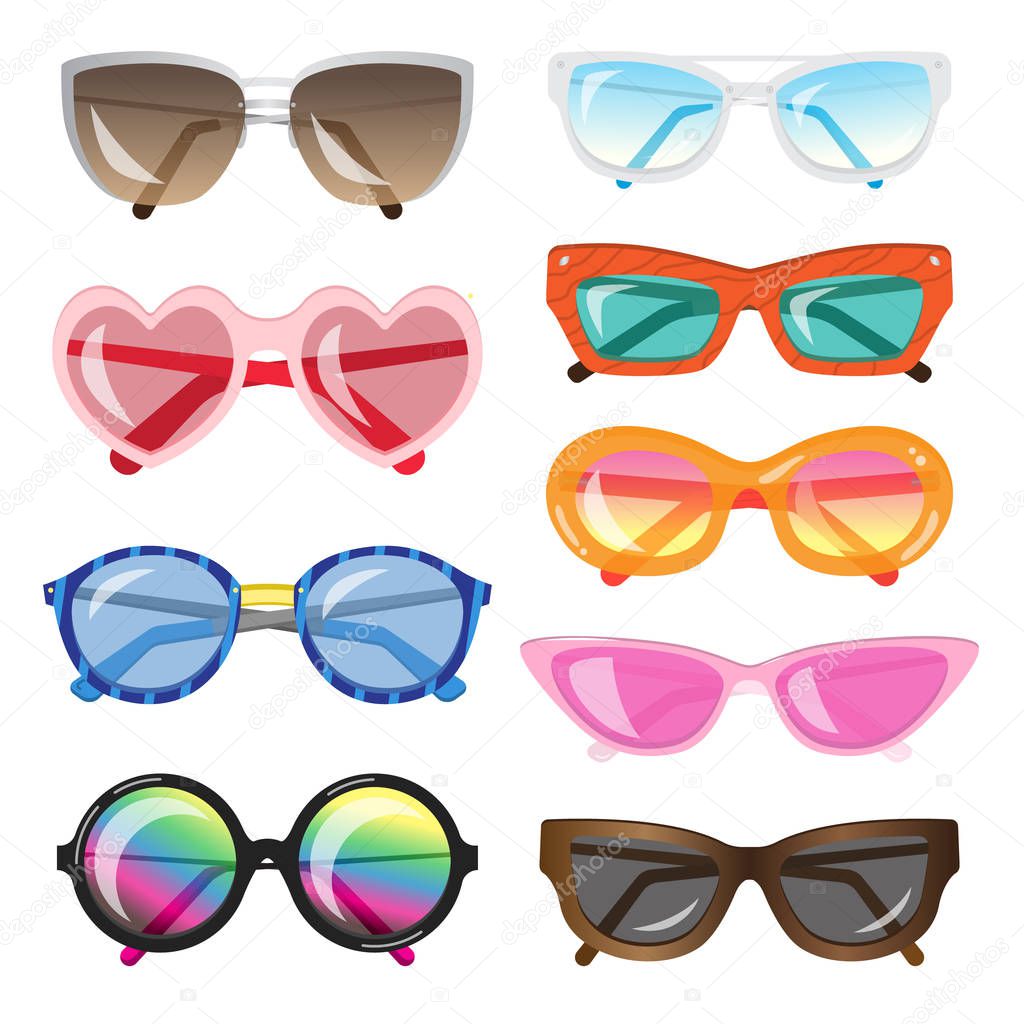Set of fashionable sunglasses of different shapes, colors, and glasses.
